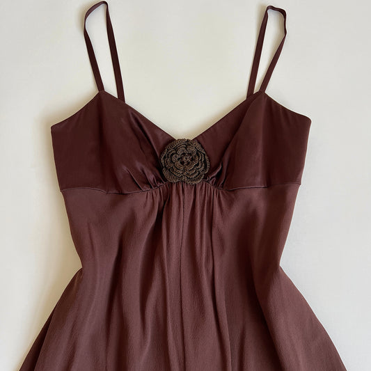 00s brown silk babydoll dress (L)