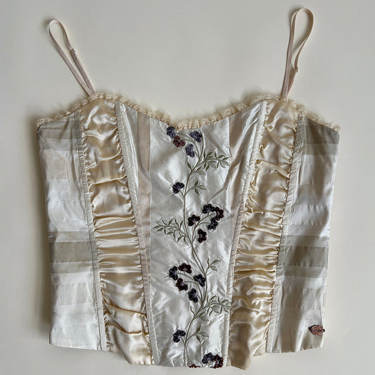 Cream silk embroidered bustier (L)