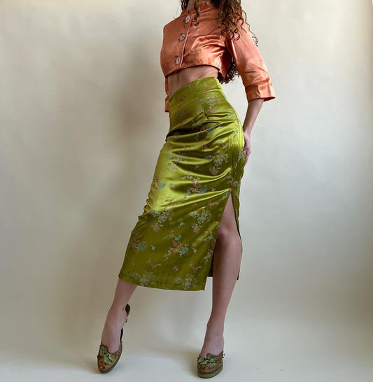 Vintage 90s green print satin maxi skirt (M/L)