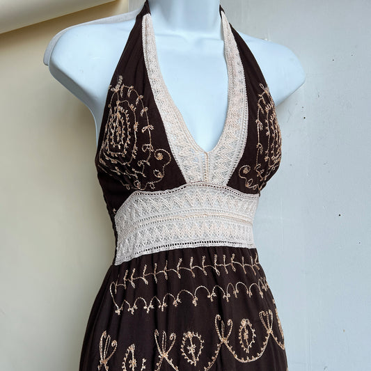 Brown embroidered crochet halter maxi (S/M)