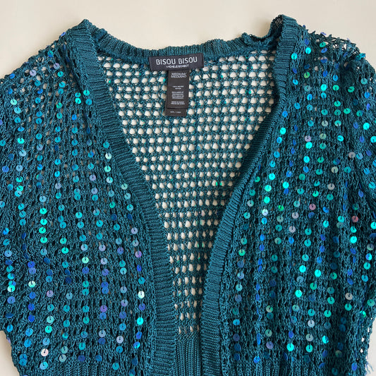 2000s teal sequin crochet cardigan (S/M)