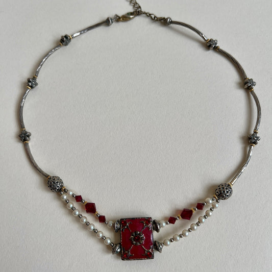 Pearl + red gem necklace