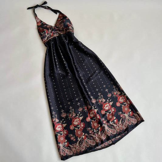 Vintage satin floral halter maxi dress (L)