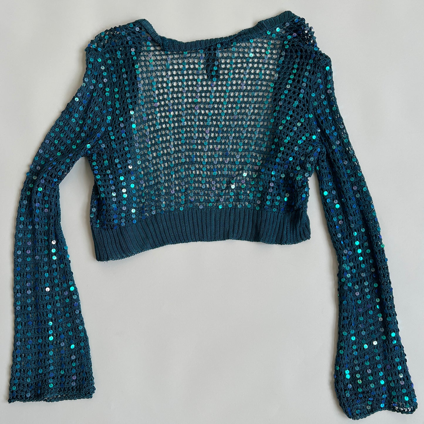 2000s teal sequin crochet cardigan (S/M)