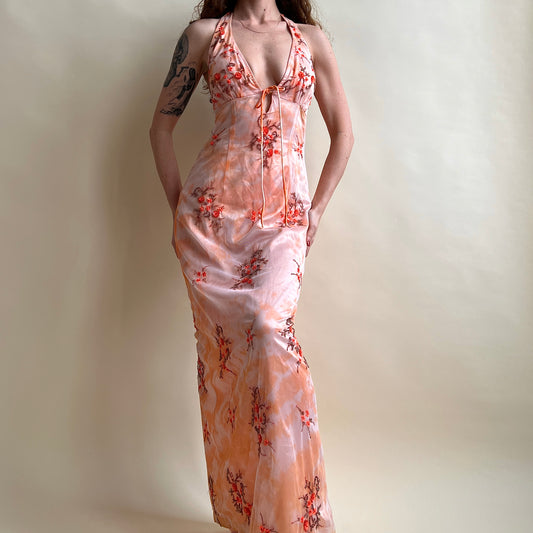 Peach tie dye floral prom dress (L)