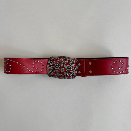 Red & silver faux leather belt