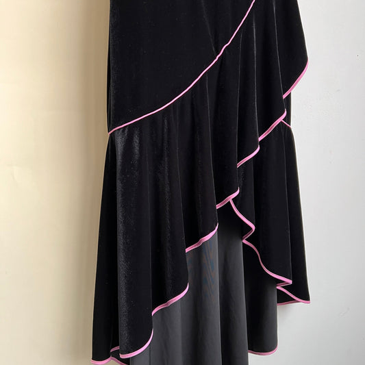 Vintage 90s Black velvet ruffle maxi dress (L)