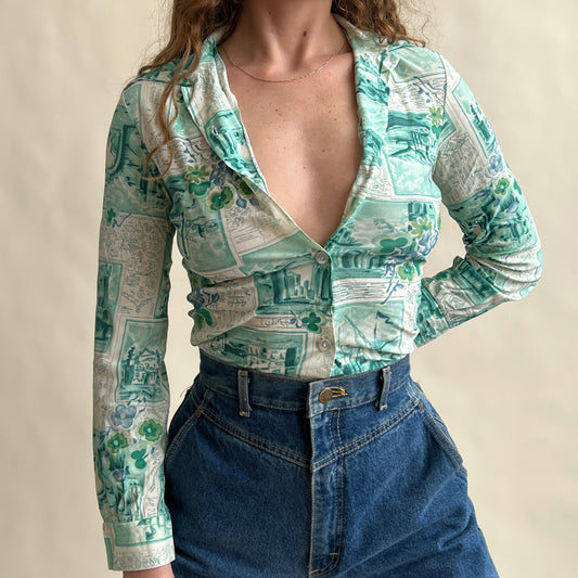 Teal town print button up