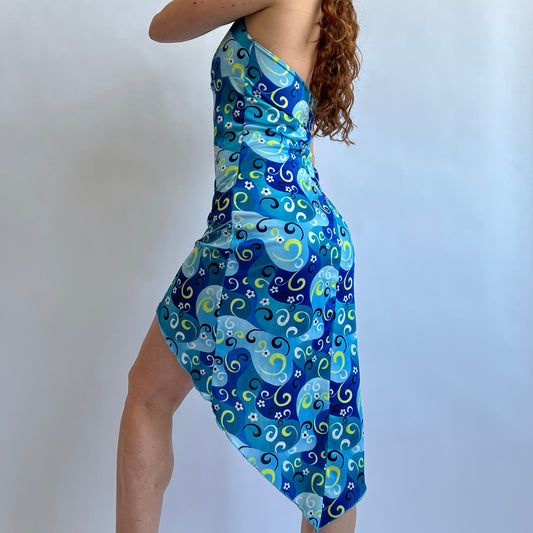 Y2K groovy blue halter dress (M/L)
